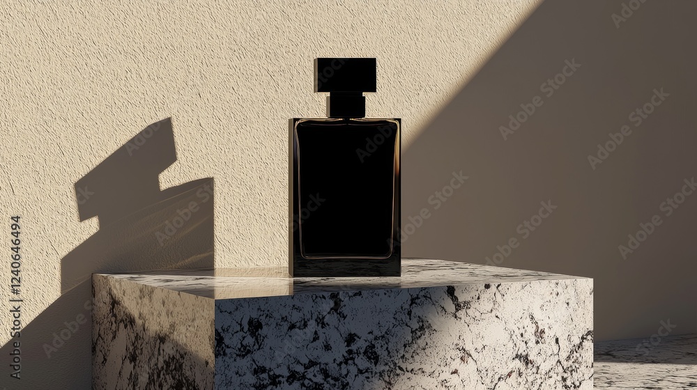 Poster an stock image of a plain black perfume bottle, neatly displayed on a podium with a neutral backgrou