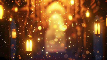 Soft glowing lanterns illuminate a mystical hallway filled with shimmering particles and warm light