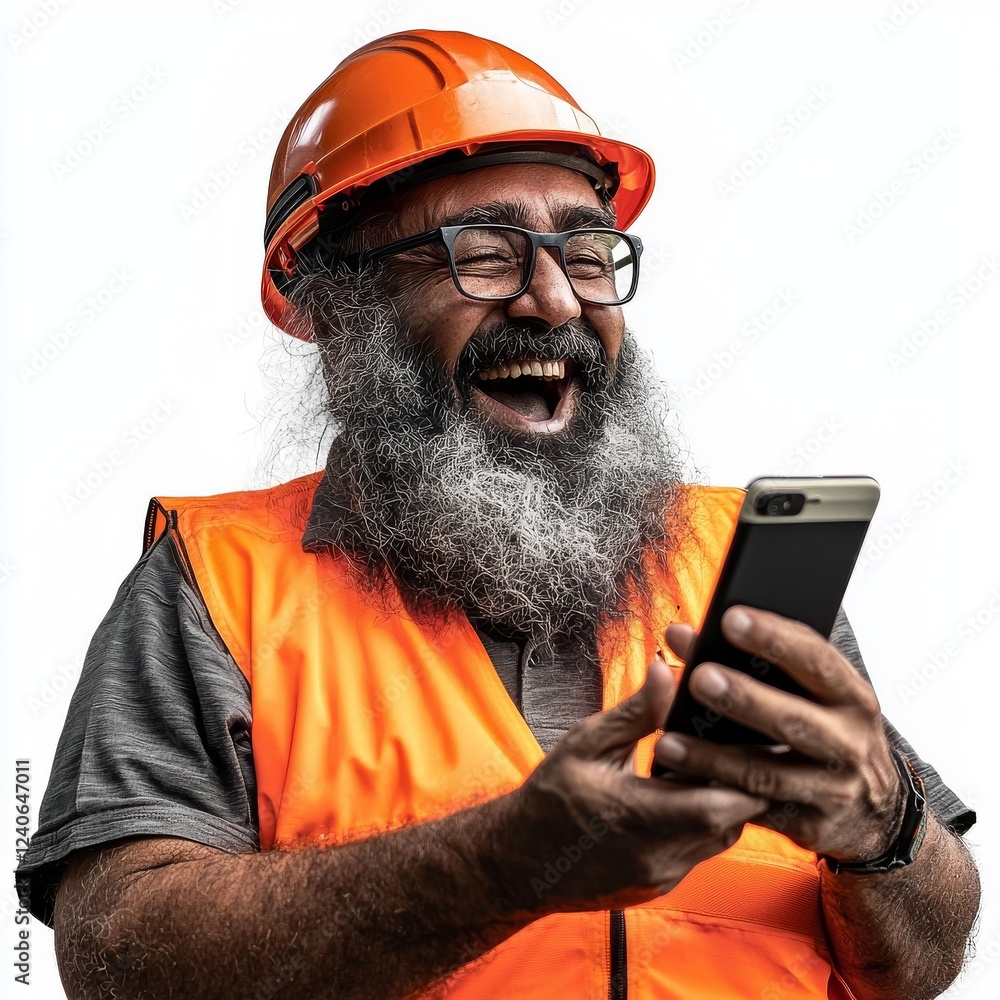 Poster a worker with a hard hat is utilizing a smartphone