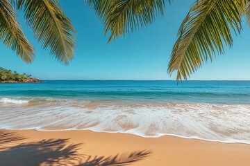 Beautiful Tropical Beach with Palm Trees, Clear Blue Sky, Caribbean Vacation Background, Summer Landscape, Perfect for Travel Banner