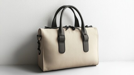 Stylish beige bag with dark brown handles placed against a minimalist background