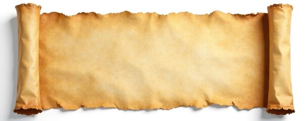 Aged paper scrolls, parchment pieces, isolated on white background, isolated background, yellowed paper