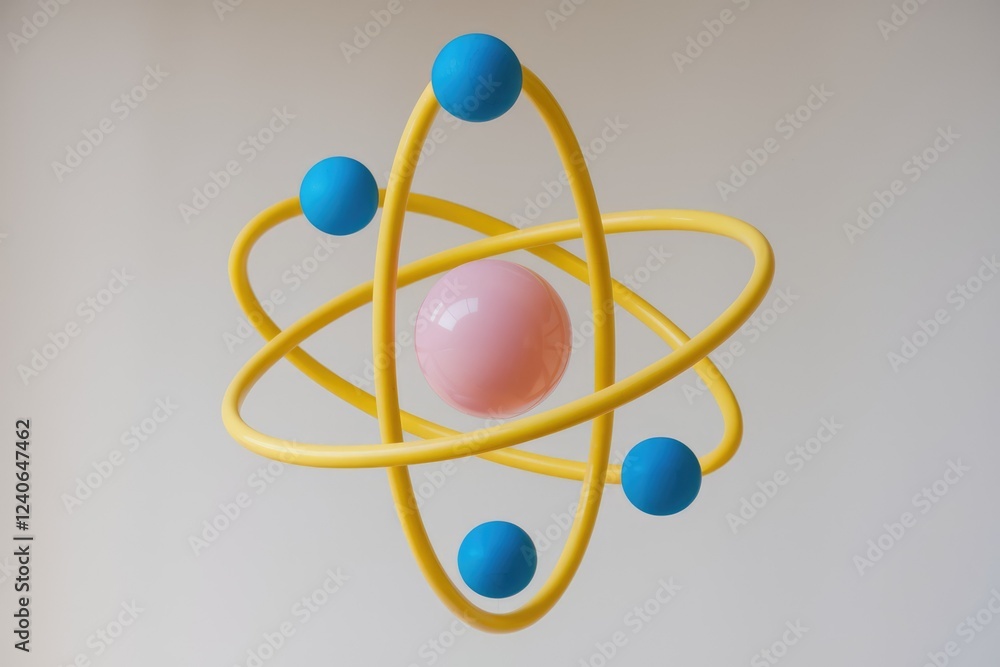 Poster a stylized atom model with a pink nucleus and blue electrons orbiting in yellow pathways.