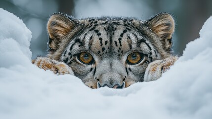 Fototapeta premium Snow Leopard Peeking Snow Winter Wildlife Portrait