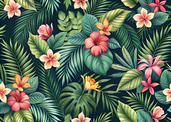 Naklejka premium Vibrant Tropical Floral Pattern with Lush Green Leaves