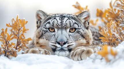 Fototapeta premium Snow leopard resting, winter mountains, wildlife