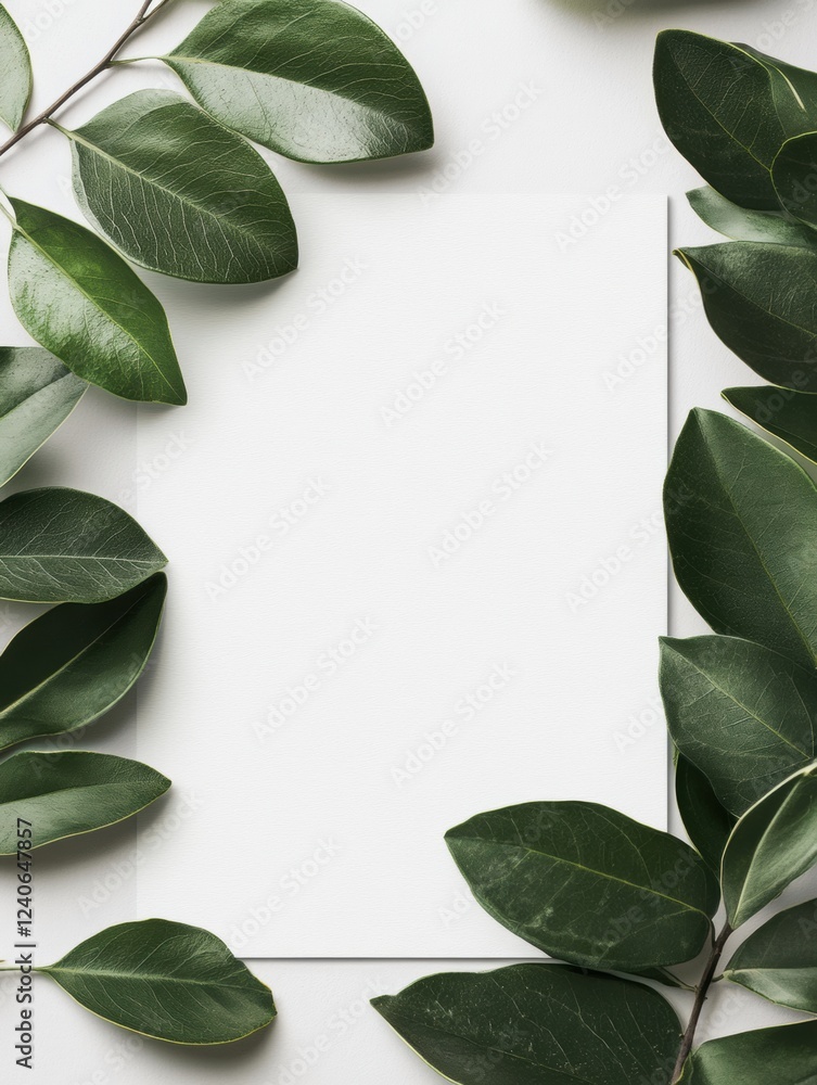 Poster creative workspace featuring a blank canvas surrounded by lush green leaves ideal for design and art