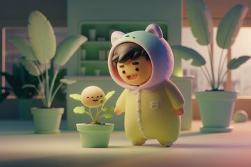 A cute 3D animated baby in pajamas admiring a small potted plant with a happy face.