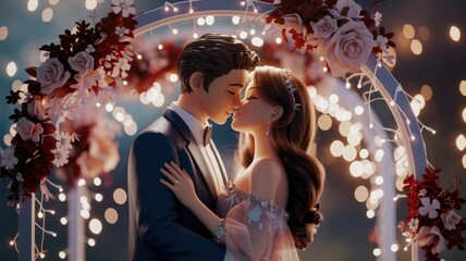 A romantic digital illustration of a cartoon couple kissing under a floral wedding archway.