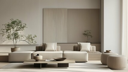 Modern minimalist living room with neutral tones and natural elements