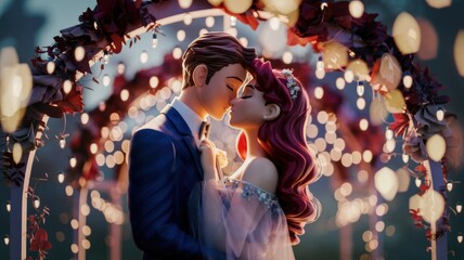 A 3D-rendered image depicting a romantic couple sharing a kiss under a floral archway at twilight.