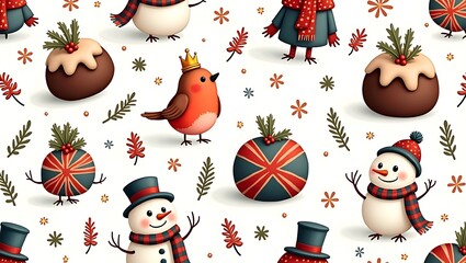 A delightful Christmas seamless pattern featuring snowmen, a robin, and festive puddings, radiating warmth - suitable for holiday wrapping, crafts, and festive backgrounds