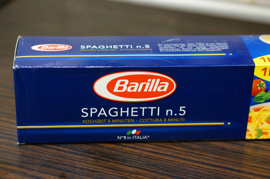 Box of Barilla brand spaghetti on a table