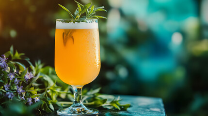 A glass of fruity saison beer served outdoors with fresh herbs on the table.