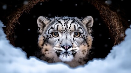 Obraz premium Snow Leopard, Winter Cave, Snowfall, Portrait