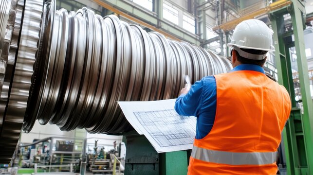 A focused worker in a white hard hat and orange safety vest examines large industrial equipment with a set of plans, underscoring precision and engineering.