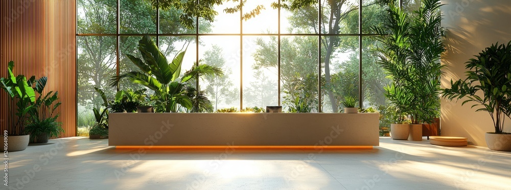 Poster an office hall with modern design includes a spacious window and clear white walls with open space