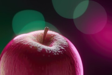 Close-up of a vibrant pink apple, glistening, against a bokeh background.