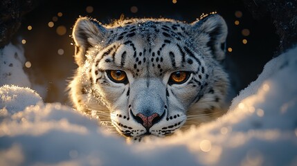 Snow leopard winter cave sunset wildlife