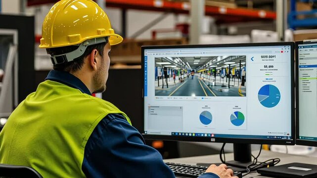 A smart warehouse manager analyzes data on a computer dashboard, monitoring key performance indicators and optimizing logistics operations