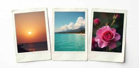 Overlapping old and new polaroid photo frames, white background , image, aesthetic