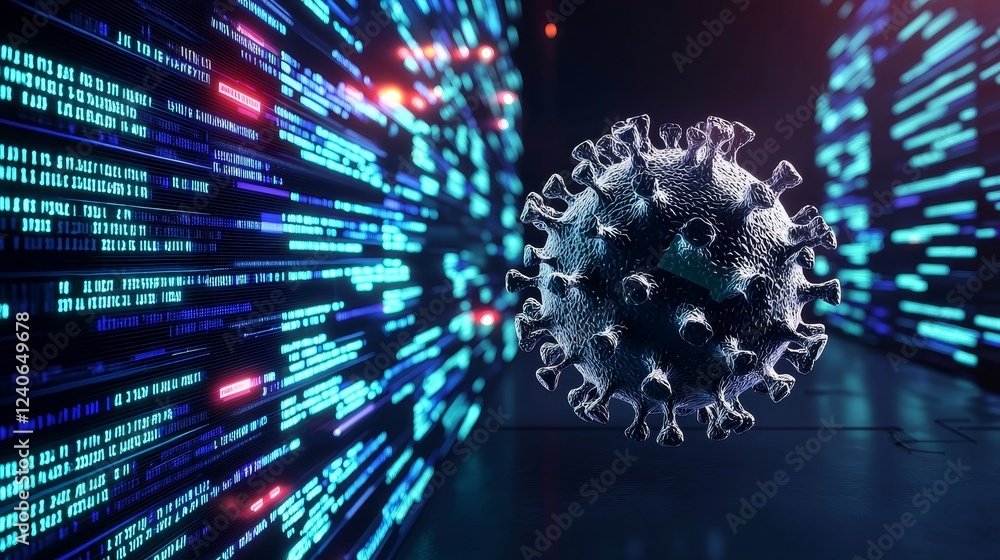 Poster an illustration featuring the digital symbol of the coronavirus situated beside an open laptop, wher