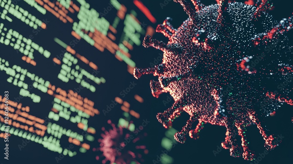Poster a depiction of a coronavirus in digital form placed beside an open laptop, with the background scree