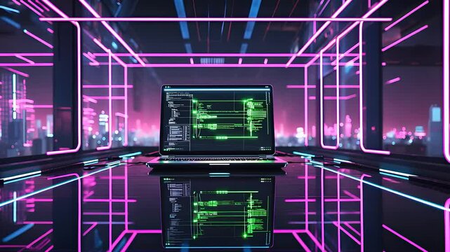 Laptop With Green Coding Screen in Futuristic Cyberpunk Room With Neon Pink and Blue Digital Grid Reflections

