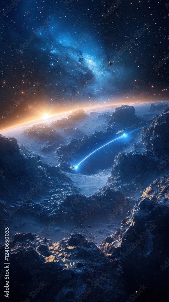 Poster spaceships navigating rocky formations asteroid belt digital art space aerial view striking visual r