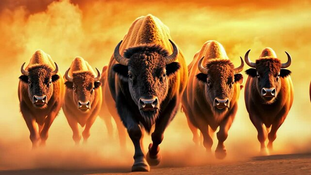 European bison charging through golden prairie, powerful silhouette against dramatic sunset, showcasing wild freedom in natural habitat