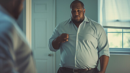 Obraz premium This man stands in front of a mirror adjusting his shirt, appearing concerned about the fit.