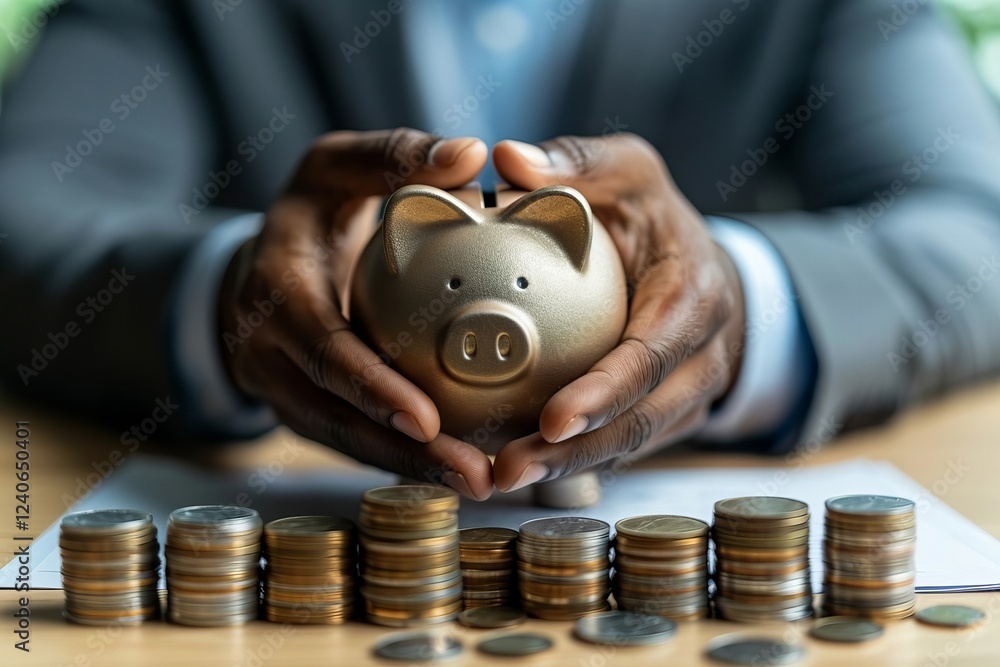 Poster businessman safeguarding piggybank with stack of coins on desk with a close-up view