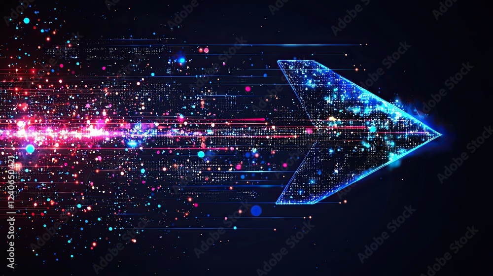 Poster dynamic digital arrow with vibrant particles representing speed and innovation in a futuristic desig