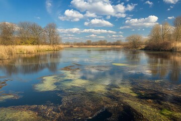 Fototapeta premium Climate change impact on rivers and lakes showcased in a serene landscape with lush greenery and blue skies