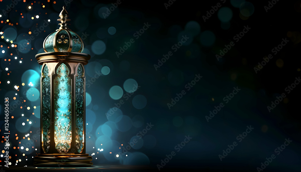 Poster ornate lantern glowing against a dark background with shimmering bokeh lights, creating a festive at