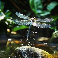 Dragonfly in mid-flight above a serene pond during a bright sunny day in a tropical garden