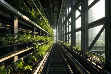 Fototapeta premium Vertical farming technology in urban settings provides sustainable solutions for food production and resource efficiency