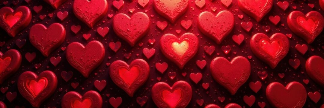 Intricate repeating heart pattern, deep red hues, love, vibrant