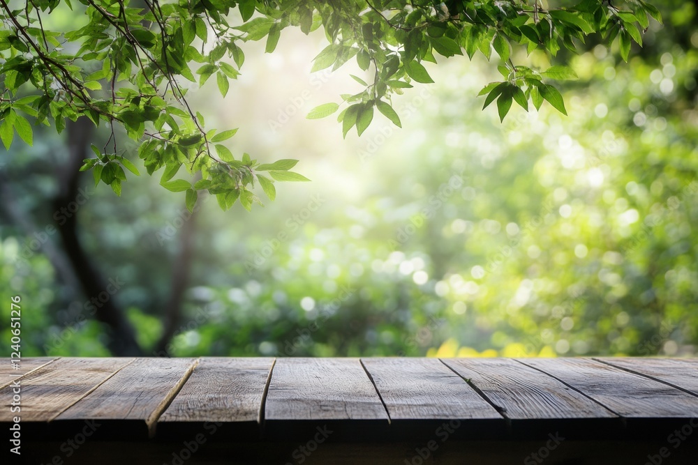 Aufkleber empty wooden tabletop ready for text, set against a lush green backdrop illuminated by sunlight in a