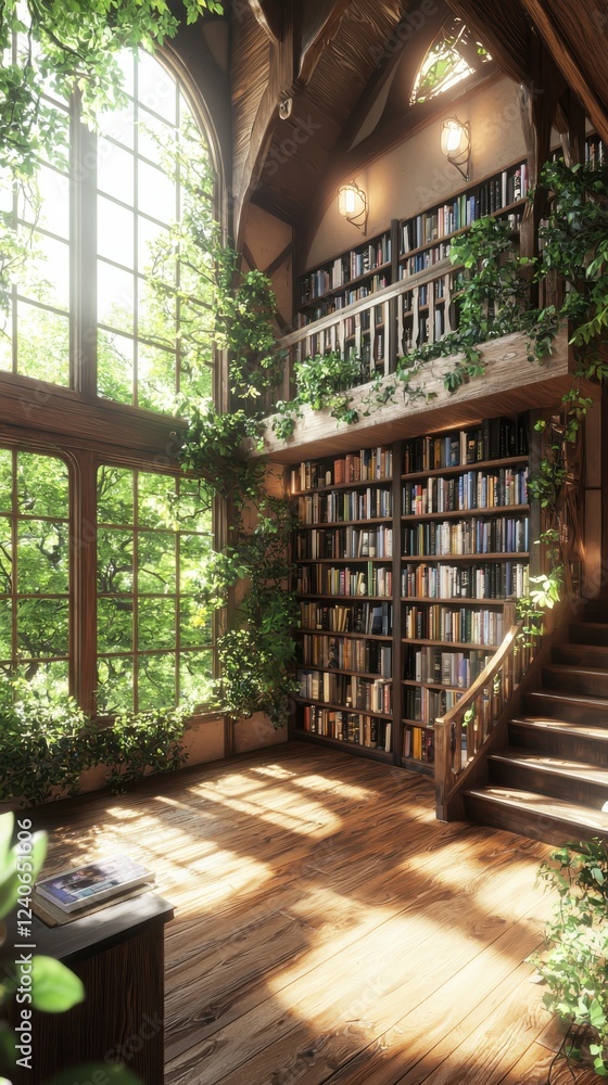 Poster creating a cozy reading atmosphere in a charming library filled with wooden shelves and soft lightin