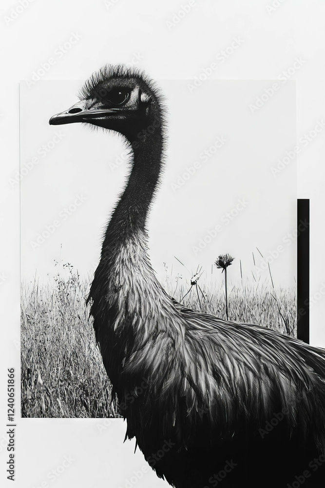 Poster collage of emu in a field with geometric shapes and floral elements on white background