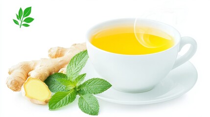 Spicy Ginger Tea Illustrations, warm watercolor images of ginger root alongside steaming tea cups, vibrant and inviting, perfect for culinary and wellness designs