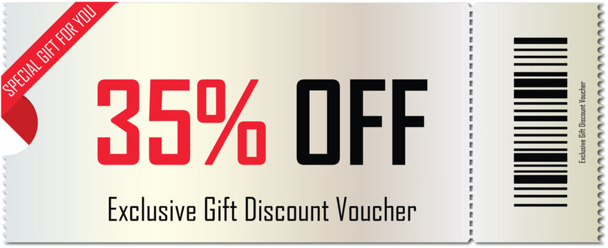 Discount Voucher, Gift Coupon Template with Ruffle Edges, Shine Coupon Mockup with 35 Percent Off - Stock Vector