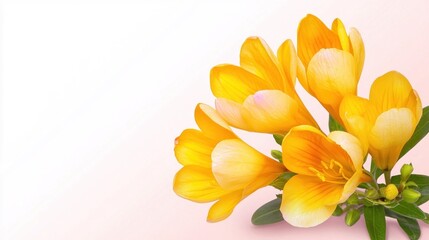 Obraz premium Vibrant Yellow Freesia Flowers on Soft Pink Background