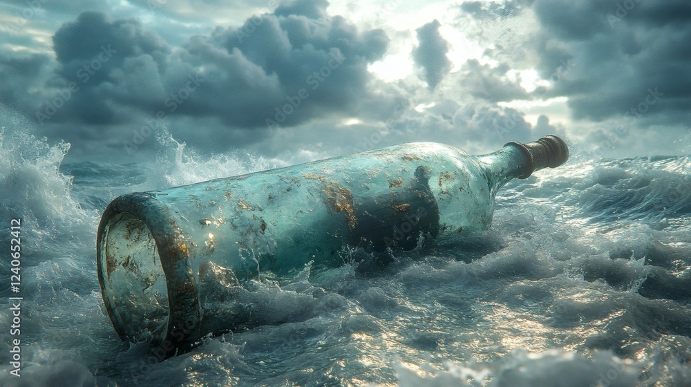 Poster digital art of ship in a bottle floating on turbulent waters storm clouds in the background sea foam
