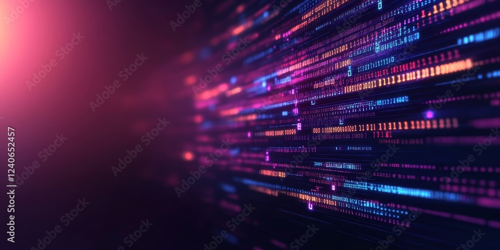 Poster neon code stream. abstract technology background with glowing digital binary numbers, data flowing