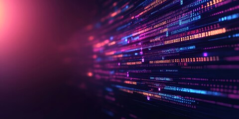 Neon Code Stream. Abstract Technology Background With Glowing Digital Binary Numbers, Data Flowing