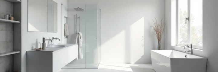 Fototapeta premium Spacious white bathroom, gray accents, rainfall shower, wood, new, towels