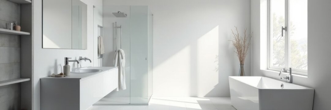 Spacious white bathroom, gray accents, rainfall shower, wood, new, towels