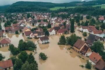 Fototapeta premium Severe flooding engulfs urban areas following intense rainfall overnight, impacting homes and infrastructure